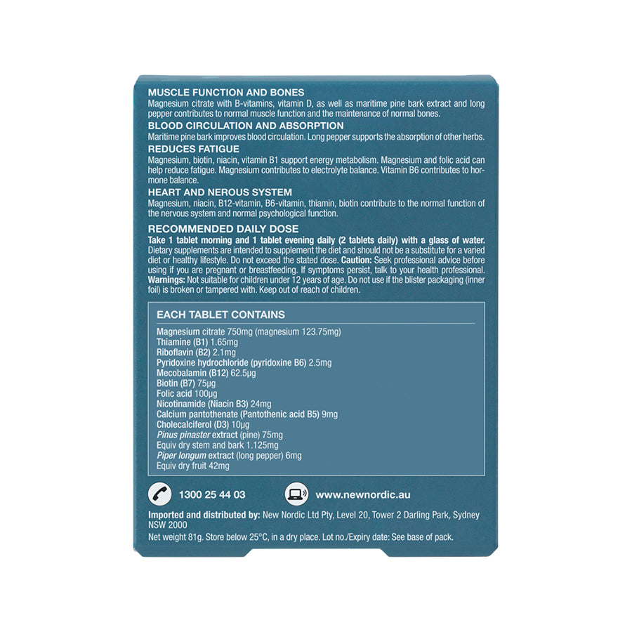 New Nordic Active Magnesium Citrate 750mg – 60 Tablets, back of pack
