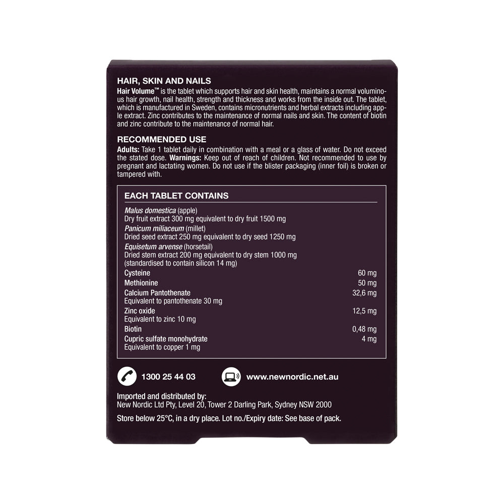 New Nordic Hair Volume – 30 Tablets, back of pack