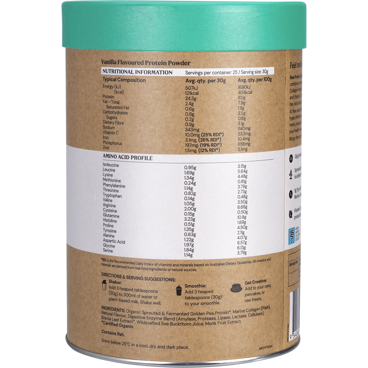 Amazonia Raw Protein Collagen Plus Vanilla Maple – 750g, back of pack