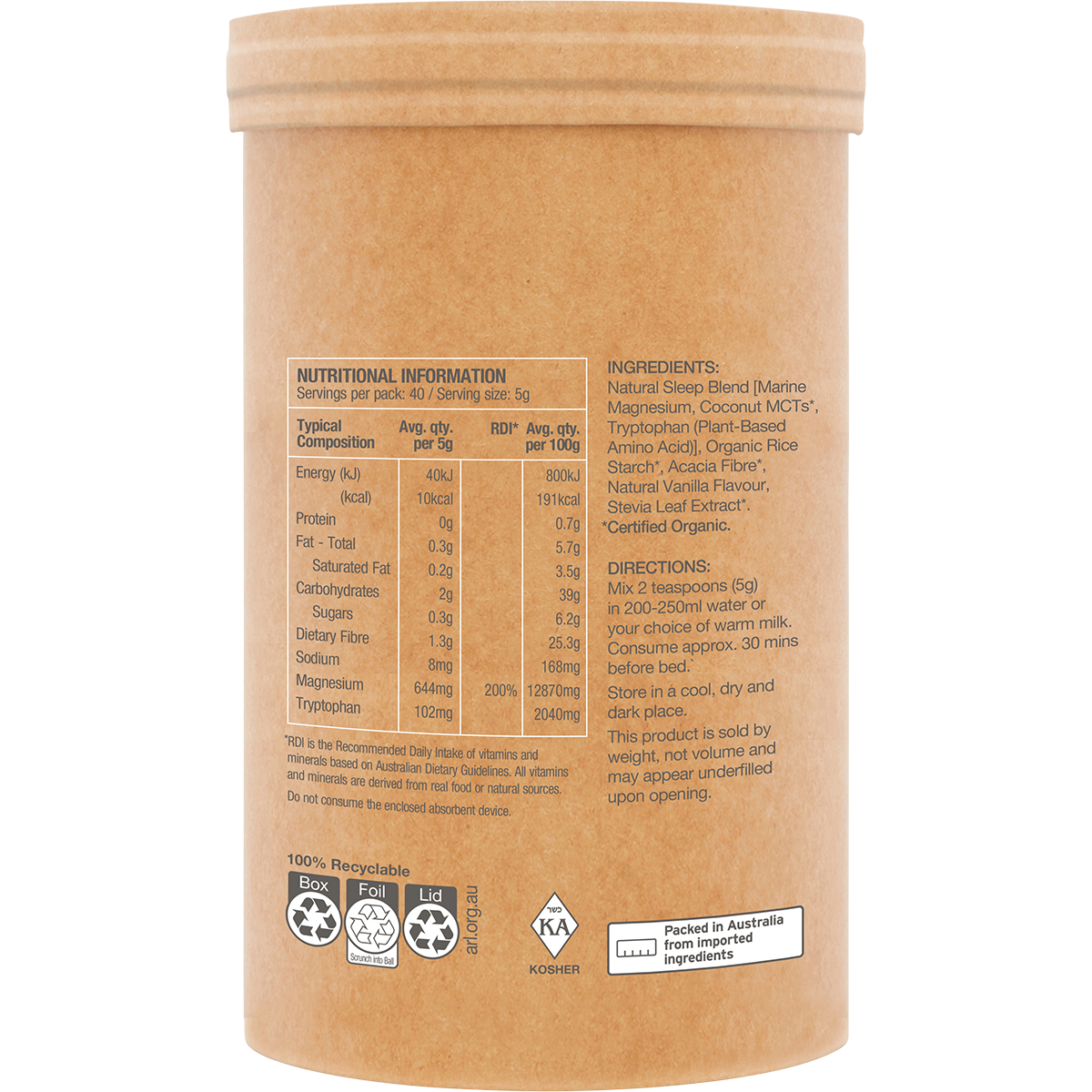 Amazonia Raw Sleep Magnesium Dreamy Vanilla – 200g, pack detail
