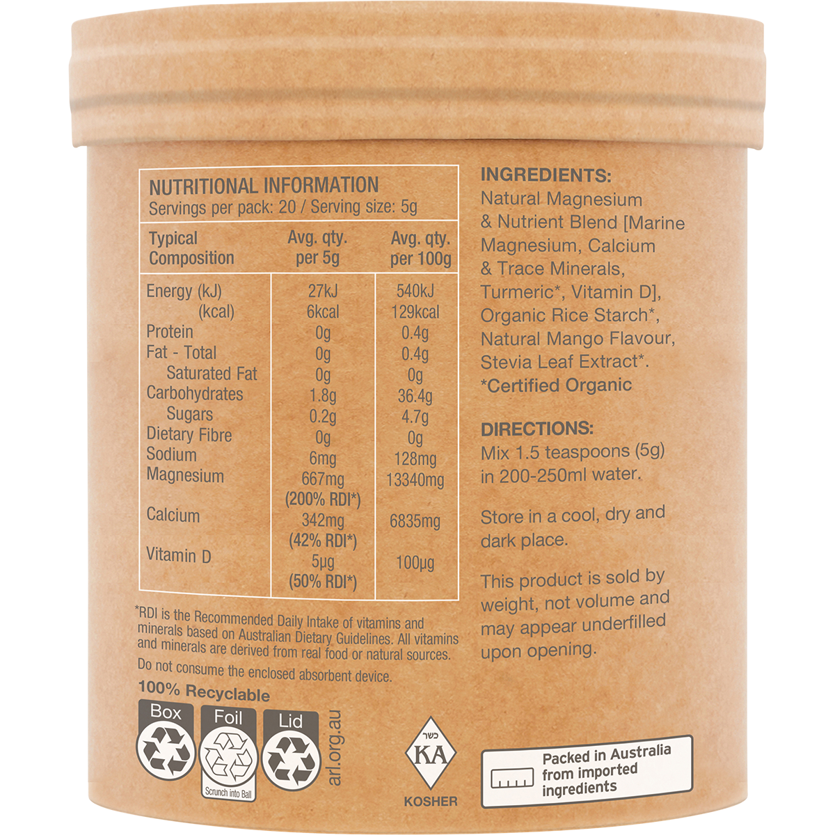 Amazonia Raw Muscle Magnesium Creamy Mango – 100g, pack detail