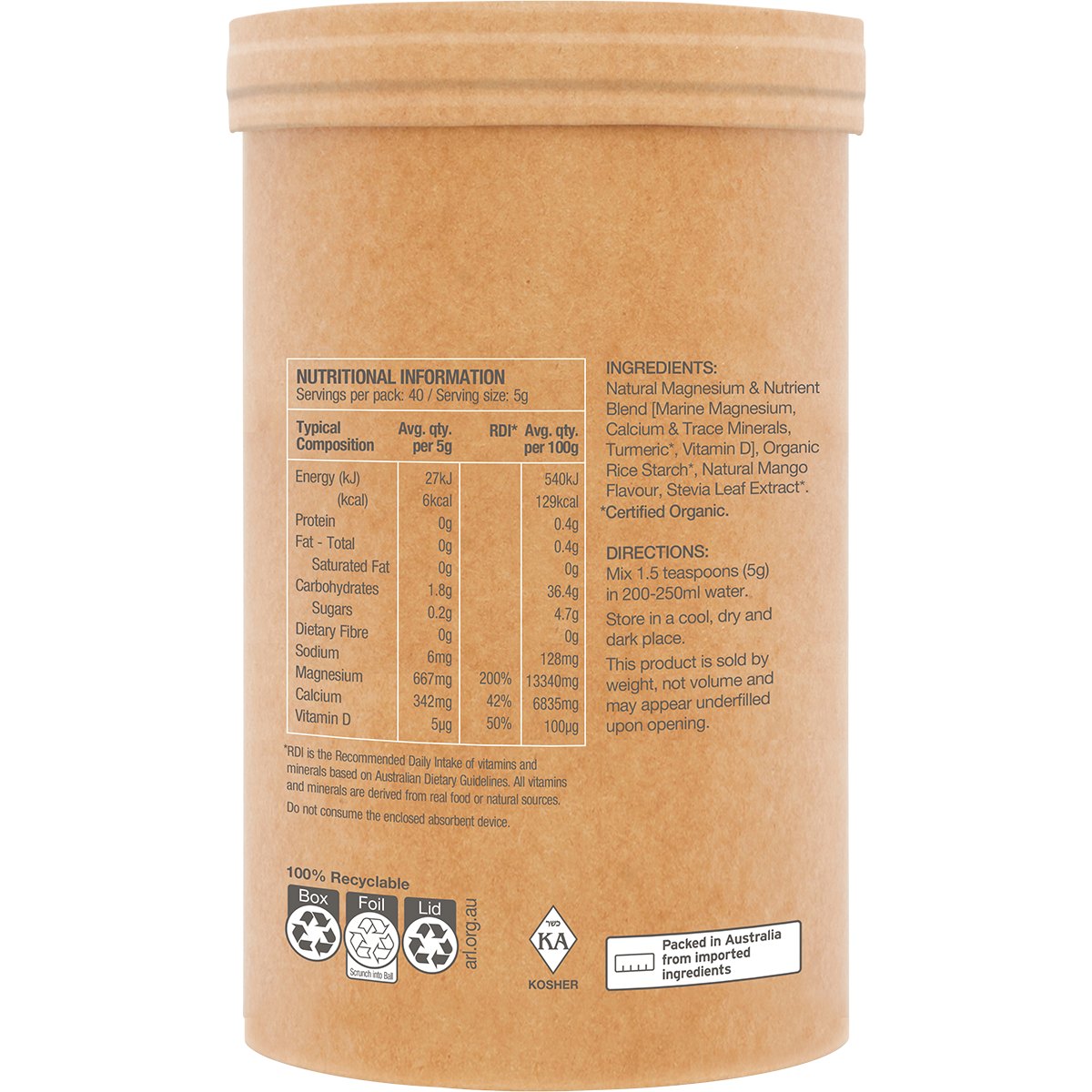 Amazonia Raw Muscle Magnesium Creamy Mango – 200g, pack detail