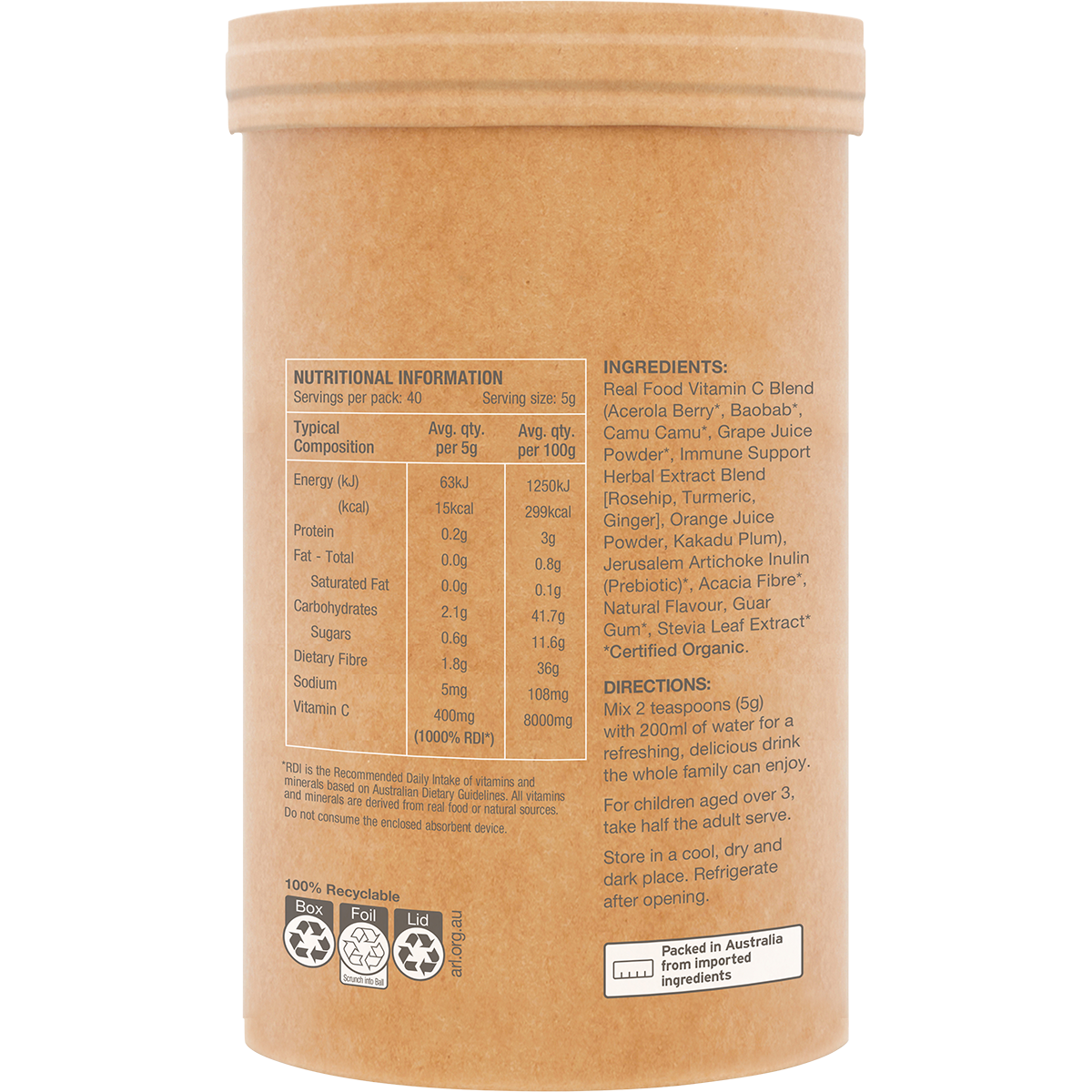Amazonia Raw Organic Vitamin C Passionfruit – 200g, pack detail