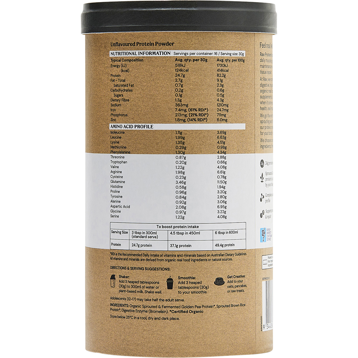 Amazonia Raw Protein Isolate Natural – 500g, nutrition information panel