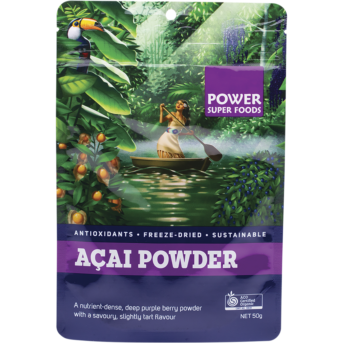 Power Super Foods Organic Acai Powder – 50g, front of pack