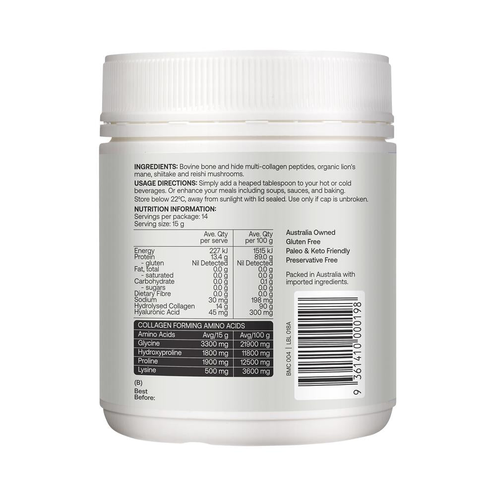 Best of the Bone Multi-Collagen Adaptogen-Stress Blend Organic Mushrooms – 210g, back of pack