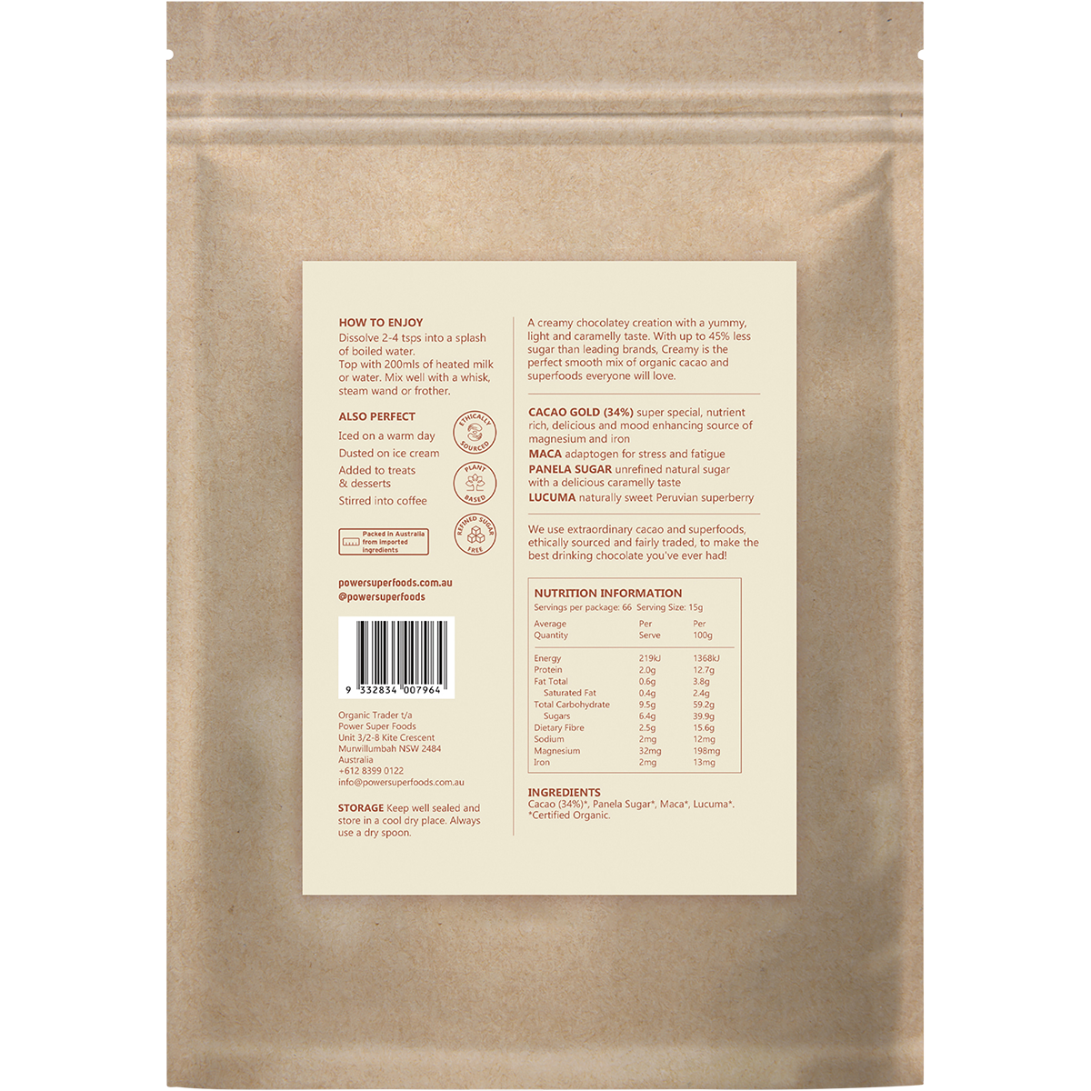 Power Super Foods Creamy Drinking Chocolate – 1kg, back of pack