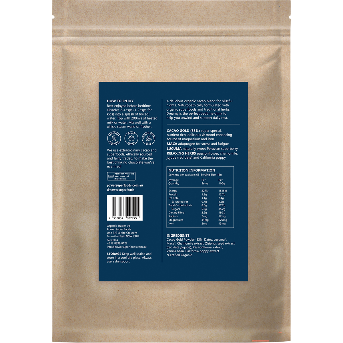 Power Super Foods Dreamy Night Drinking Chocolate – 1kg, back of pack