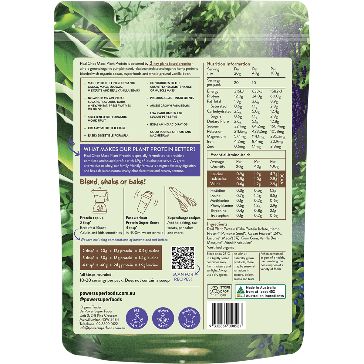 Power Super Foods Real Plant Protein Choc Maca – 400g, back of pack
