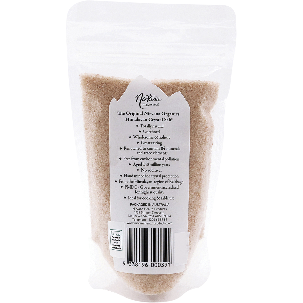 Nirvana Organics Himalayan Salt Fine – 250g, back of pack