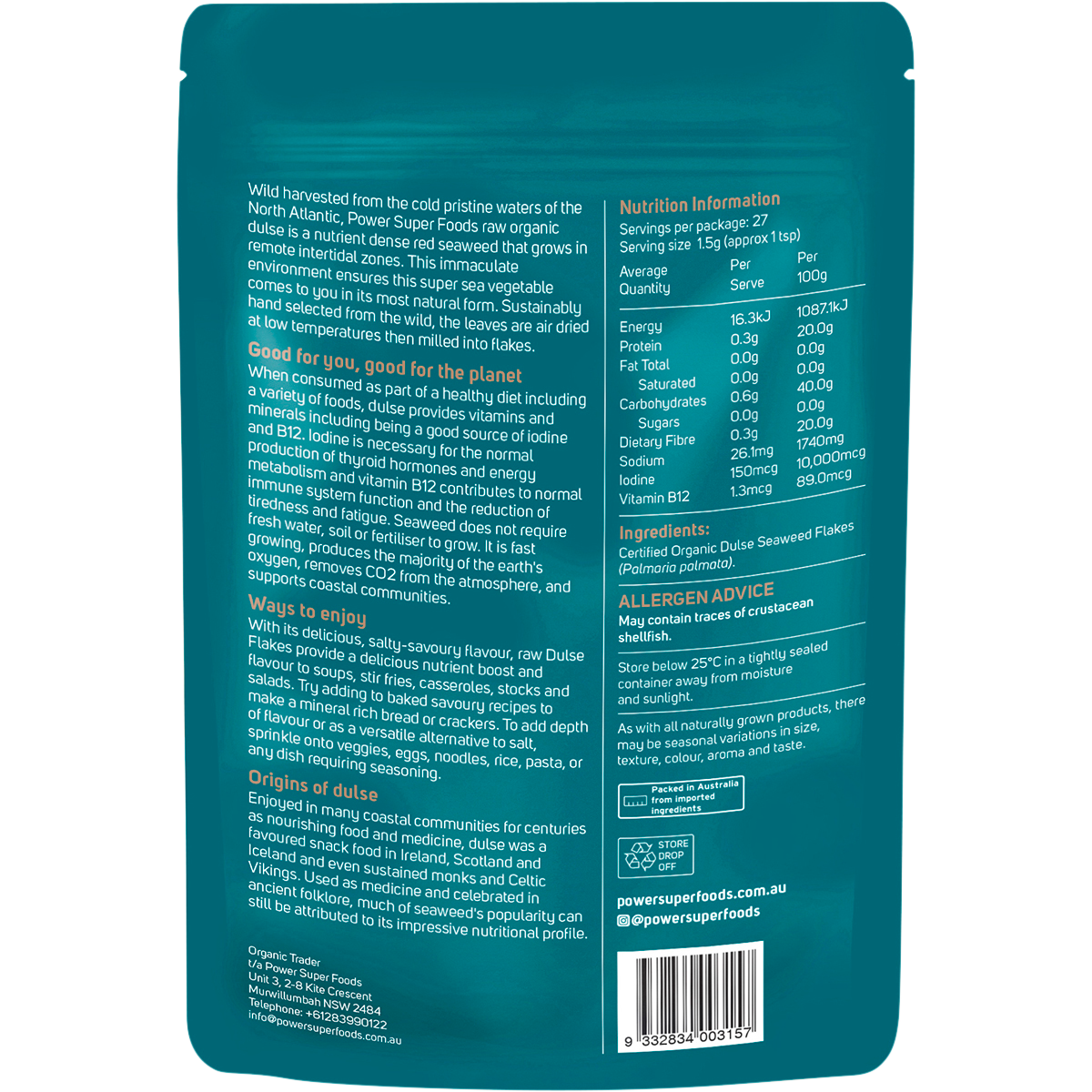 Power Super Foods Organic Dulse Flakes – 40g, back of pack