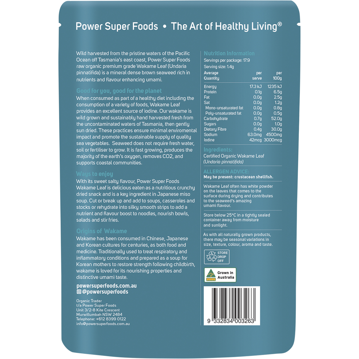 Power Super Foods Organic Wakame Leaf – 25g, back of pack