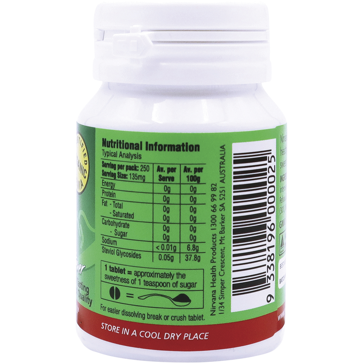 Nirvana Organics Stevia Tablets – 250 Tablets, pack detail