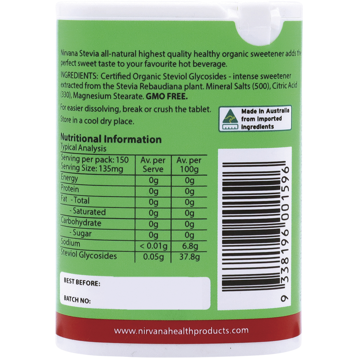 Nirvana Organics Stevia Tablets – 150 Tablets, back of pack