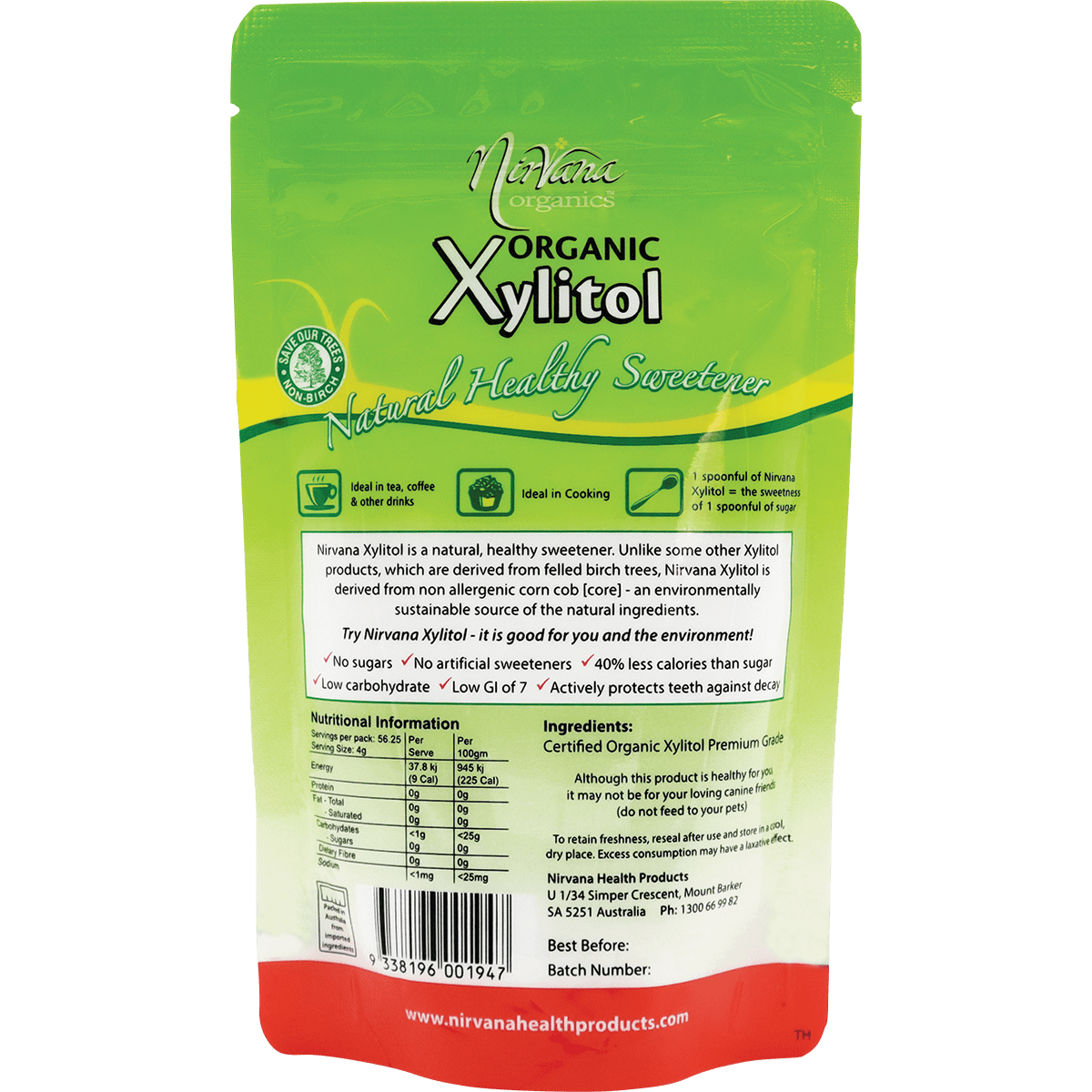 Nirvana Organics Xylitol – 225g, back of pack