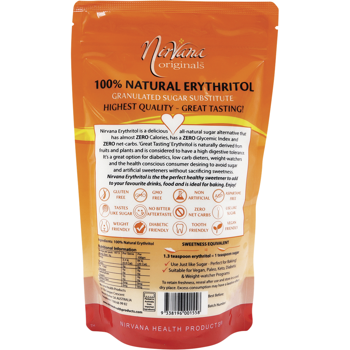 Nirvana Originals Erythritol 100% Natural – 750g, back of pack