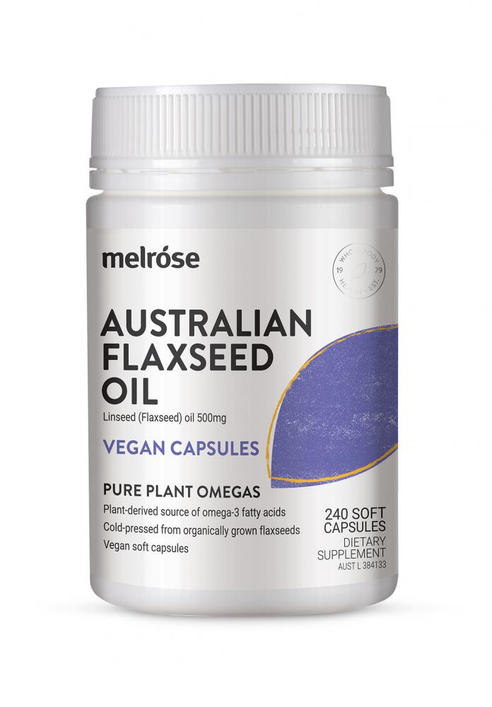 Melrose Australian Flaxseed Oil Vegan Capsules – 240 Vege Capsules, front of pack