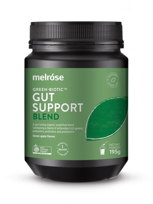 Melrose Organic Green-Biotic Gut Support Blend Green Apple – 195g, front of pack