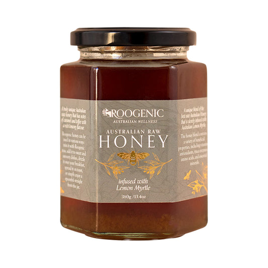 Roogenic Raw Honey Infused with Lemon Myrtle – 380g