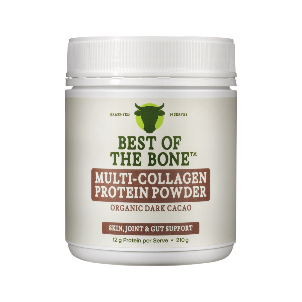 Best of the Bone Multi-Collagen Protein Powder Raw Organic Cacao – 210g, front of pack
