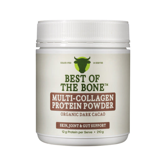 Best of the Bone Multi-Collagen Protein Powder Raw Organic Cacao – 210g, front of pack