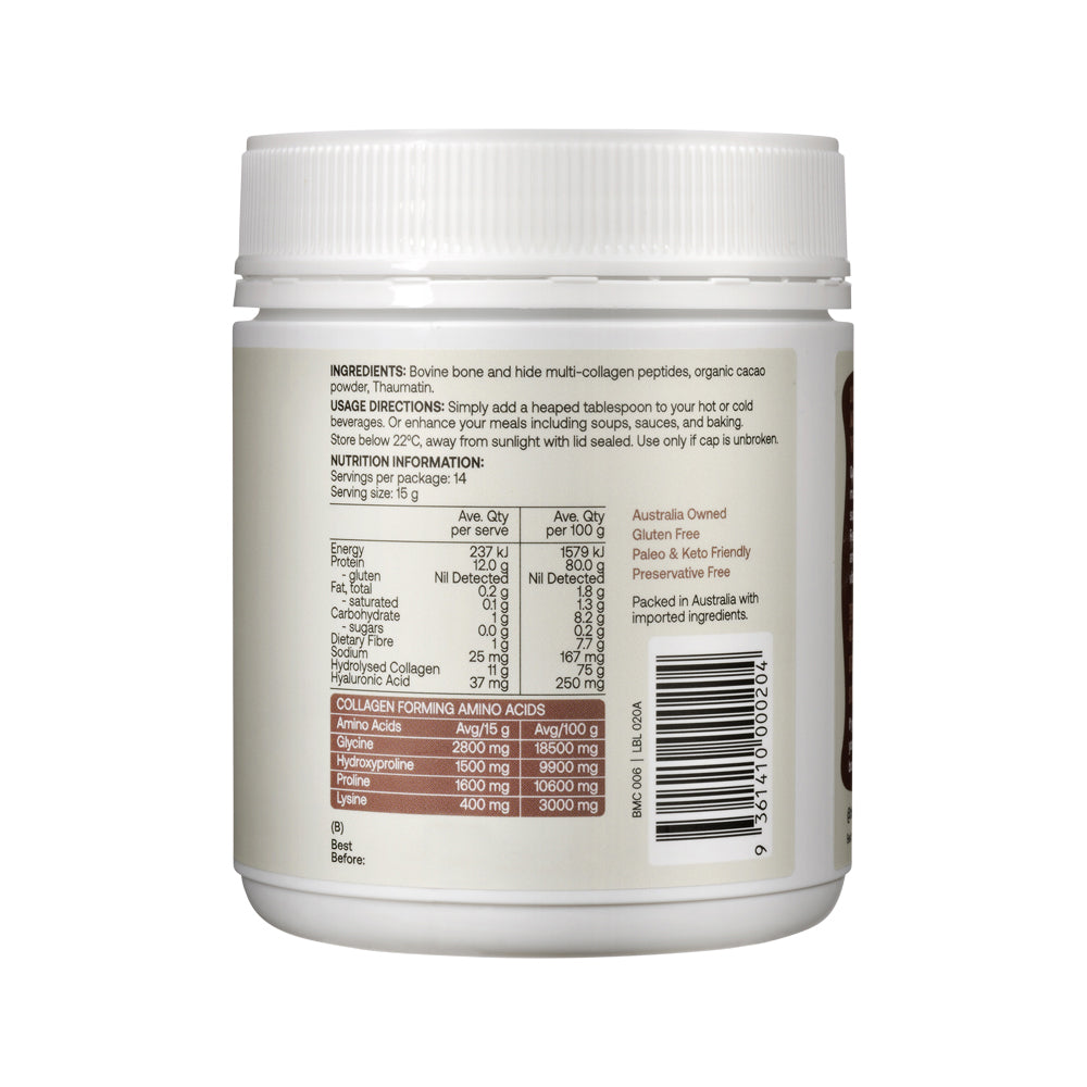 Best of the Bone Multi-Collagen Protein Powder Raw Organic Cacao – 210g, back of pack