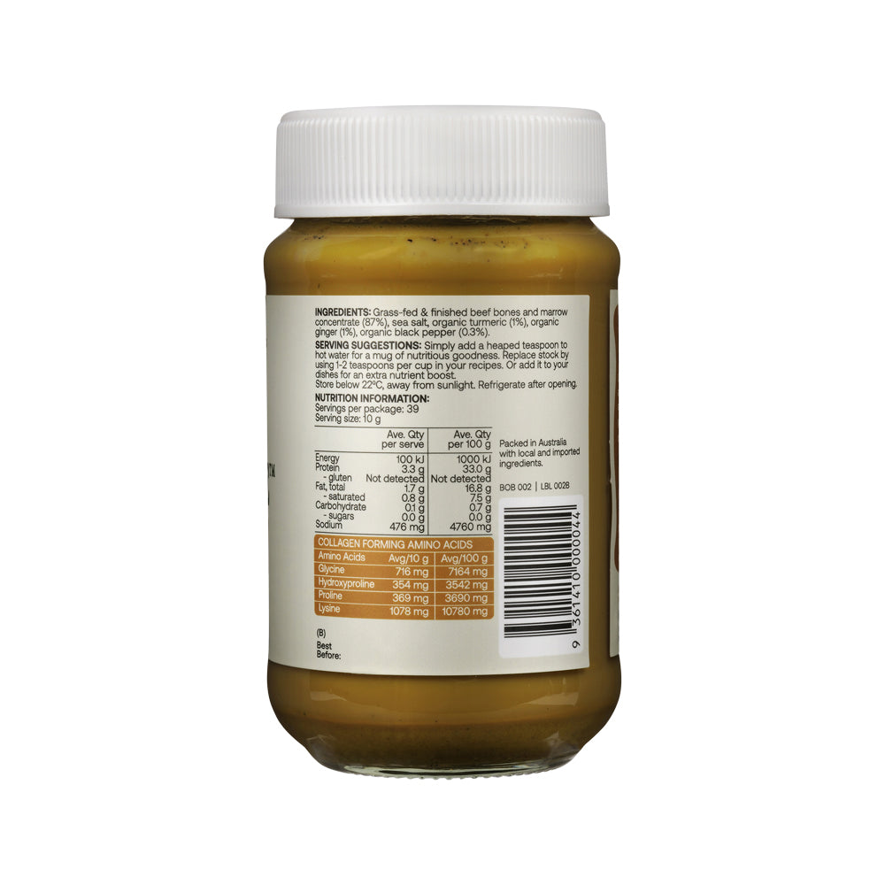 Best of the Bone Bone Broth Beef Concentrate Organic Turmeric & Ginger & Black Pepper – 390g, back of pack