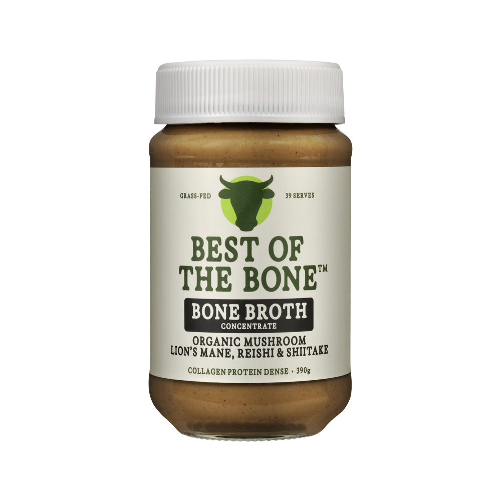 Best of the Bone Bone Broth Beef Concentrate Healing Mushrooms – 390g, front of pack