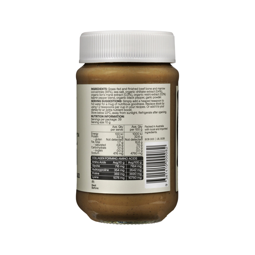 Best of the Bone Bone Broth Beef Concentrate Healing Mushrooms – 390g, back of pack