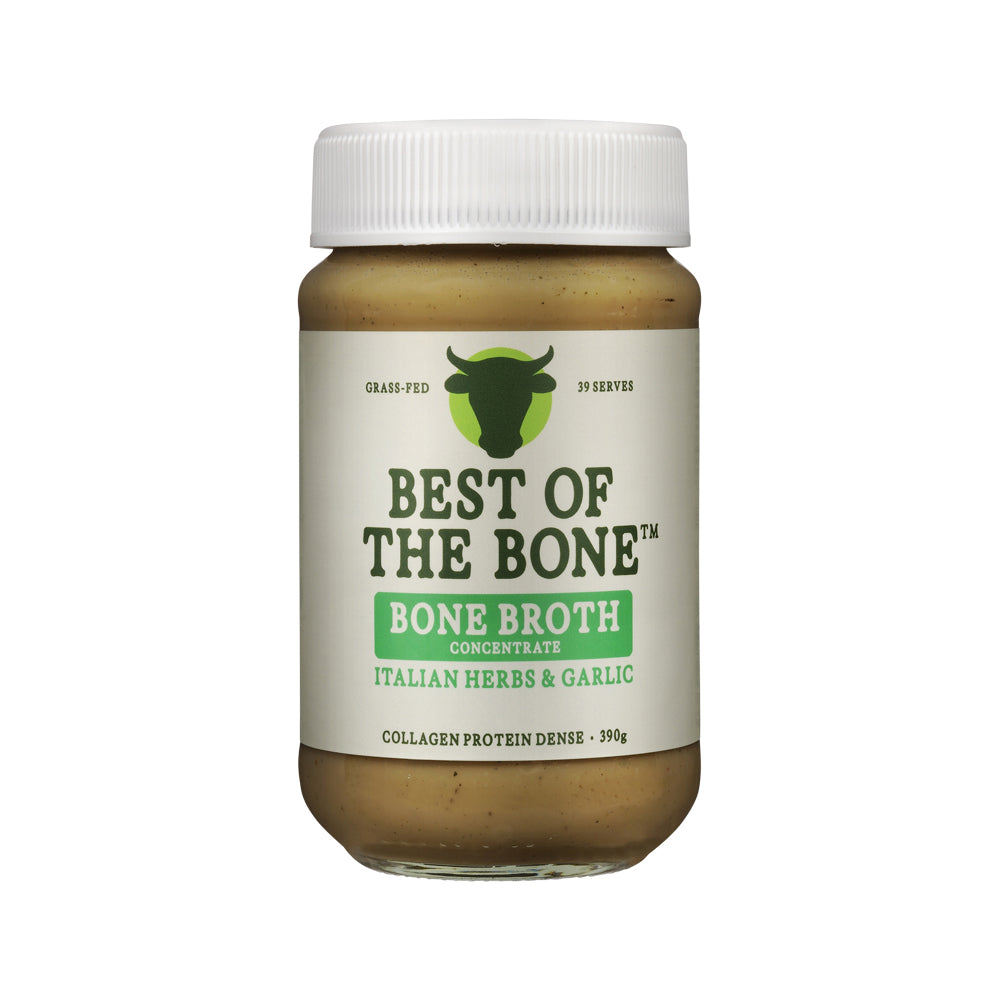 Best of the Bone Bone Broth Beef Concentrate Organic Italian Herbs & Garlic – 390g, front of pack