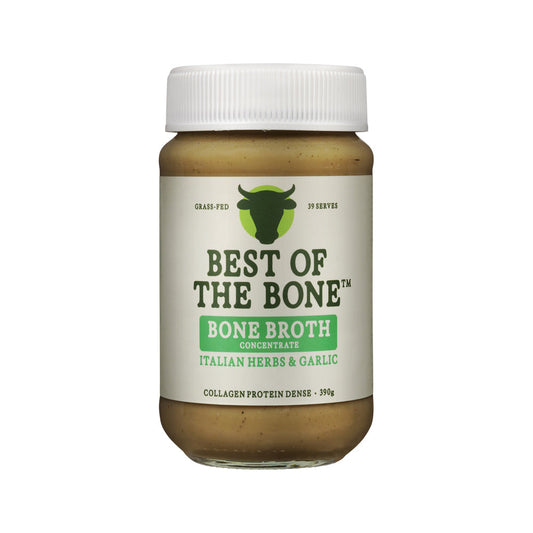 Best of the Bone Bone Broth Beef Concentrate Organic Italian Herbs & Garlic – 390g, front of pack