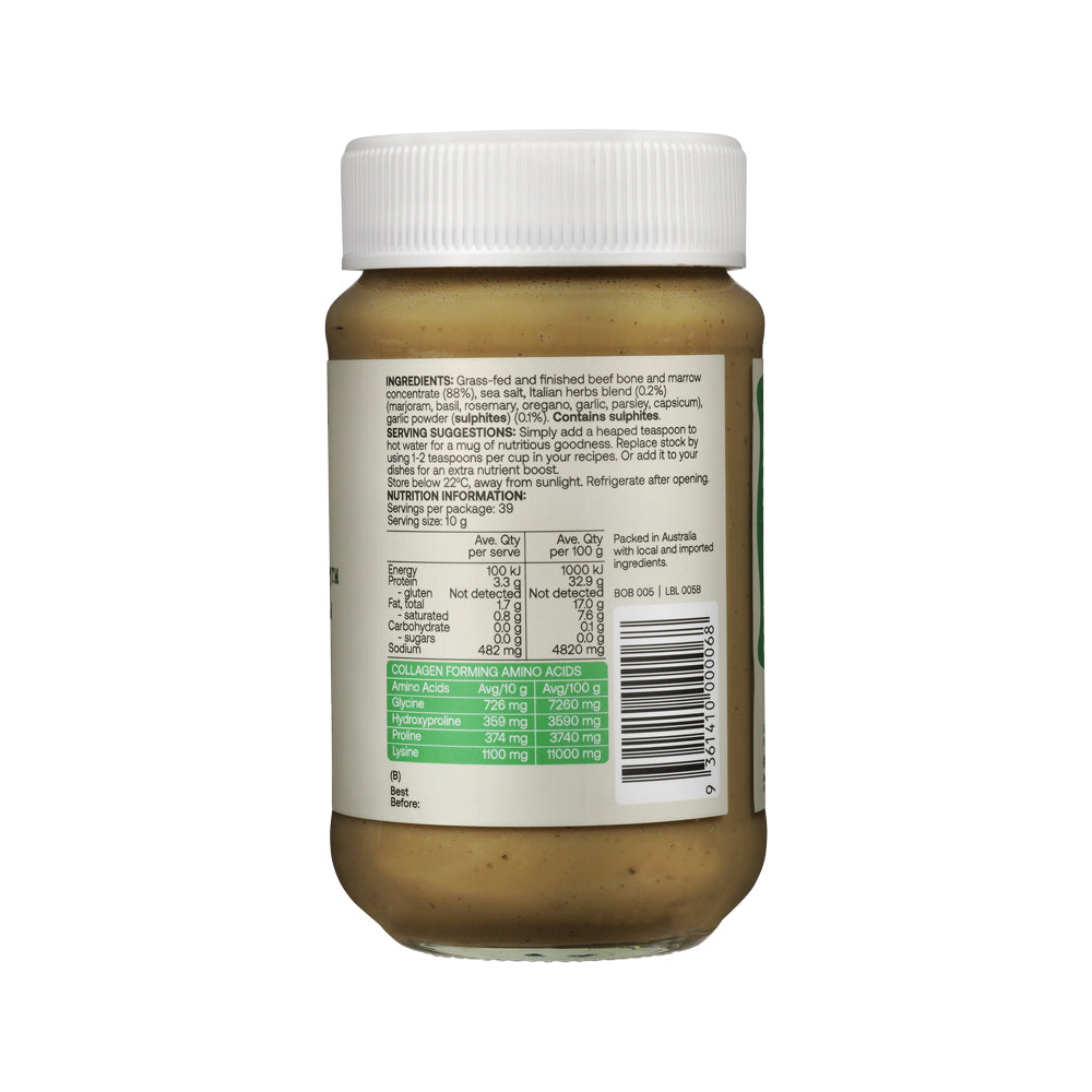 Best of the Bone Bone Broth Beef Concentrate Organic Italian Herbs & Garlic – 390g, back of pack