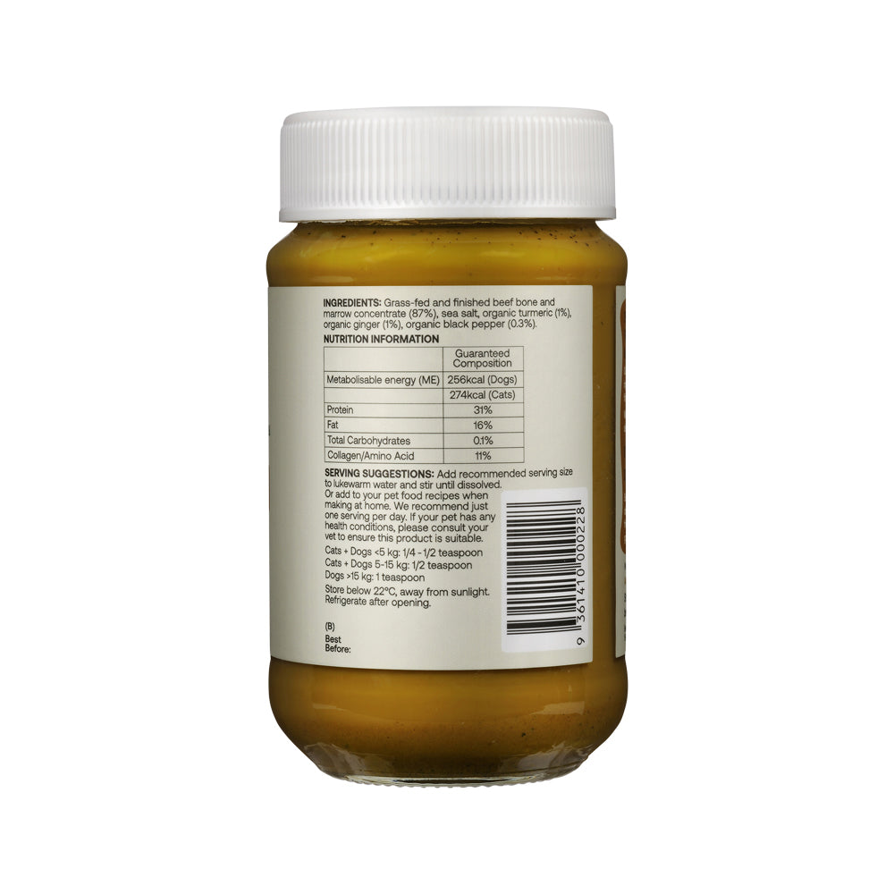 Best of the Bone Bone Buddies Pet Bone Broth Beef Concentrate with Organic Turmeric-Ginger – 375g, back of pack