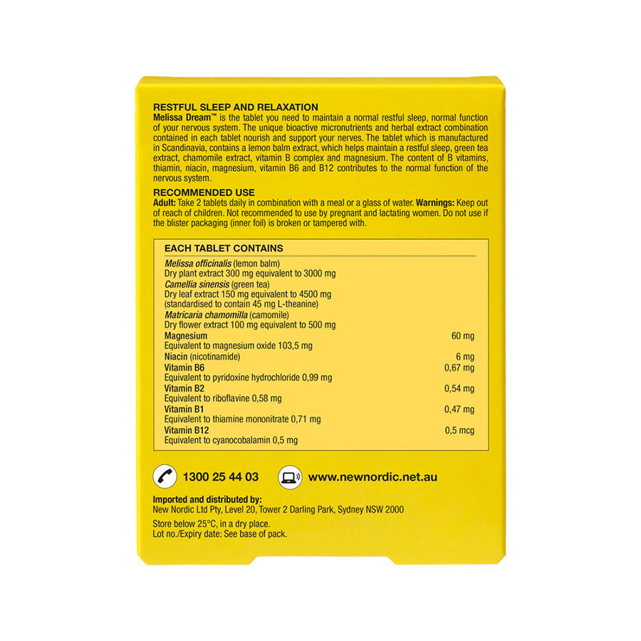 New Nordic Melissa Dream – 60 Tablets, back of pack