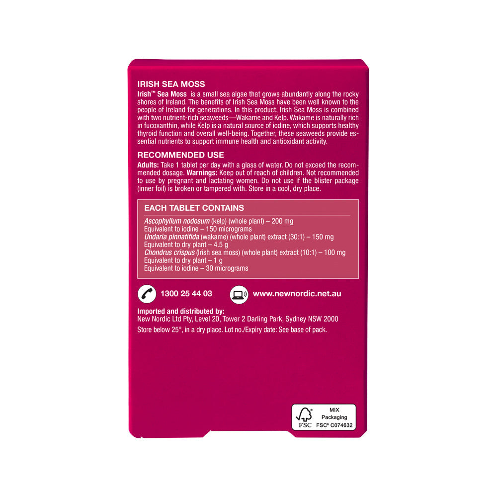 New Nordic Irish Sea Moss – 30 Tablets, back of pack