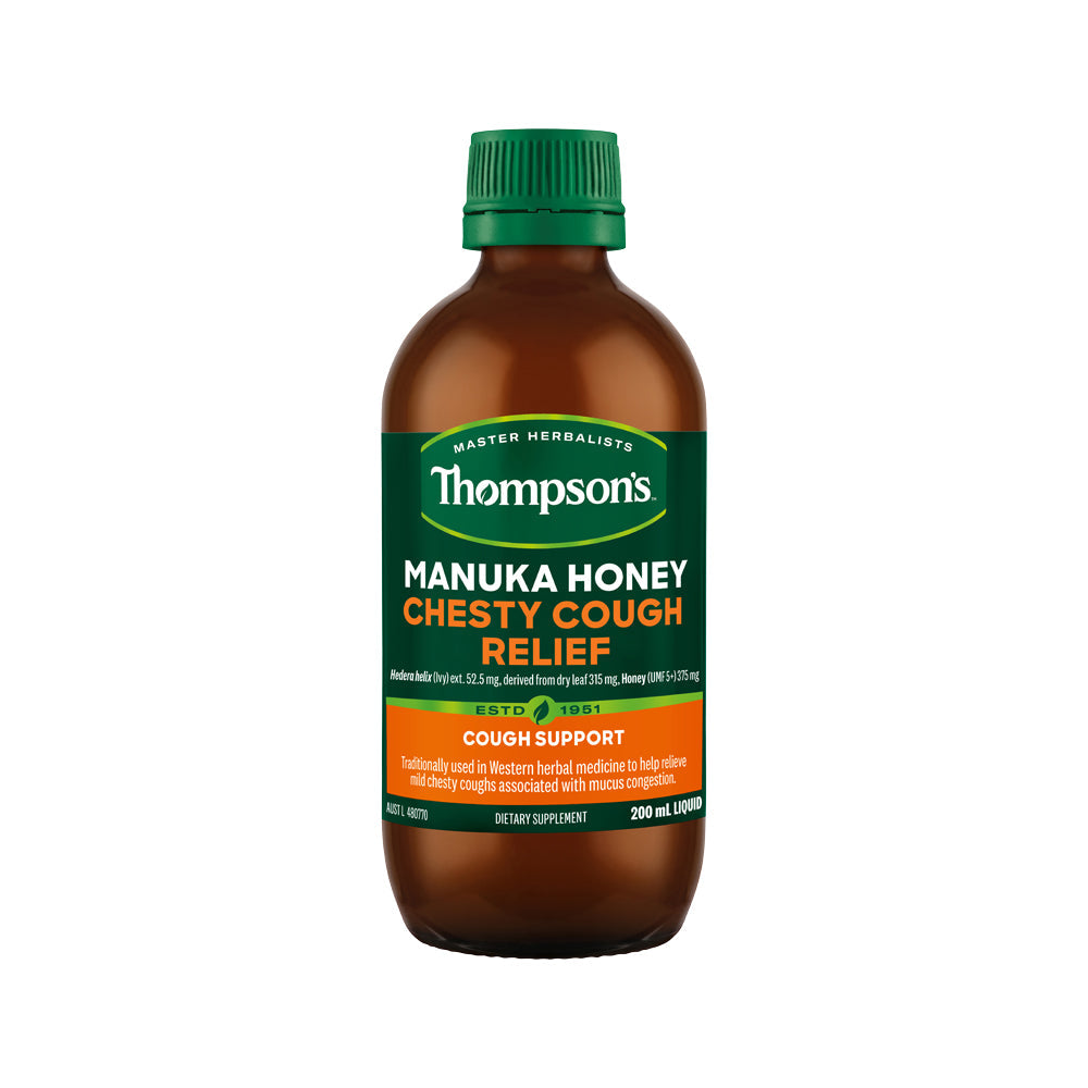 Thompson's Manuka Honey Chesty Cough Relief – 200ml, front of pack