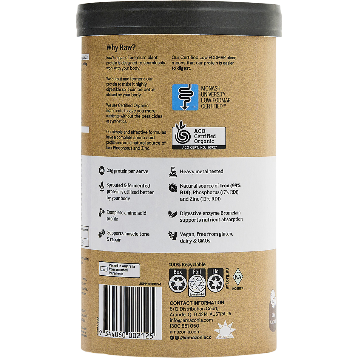 Amazonia Raw Protein Isolate Choc Coconut – 390g, back of pack