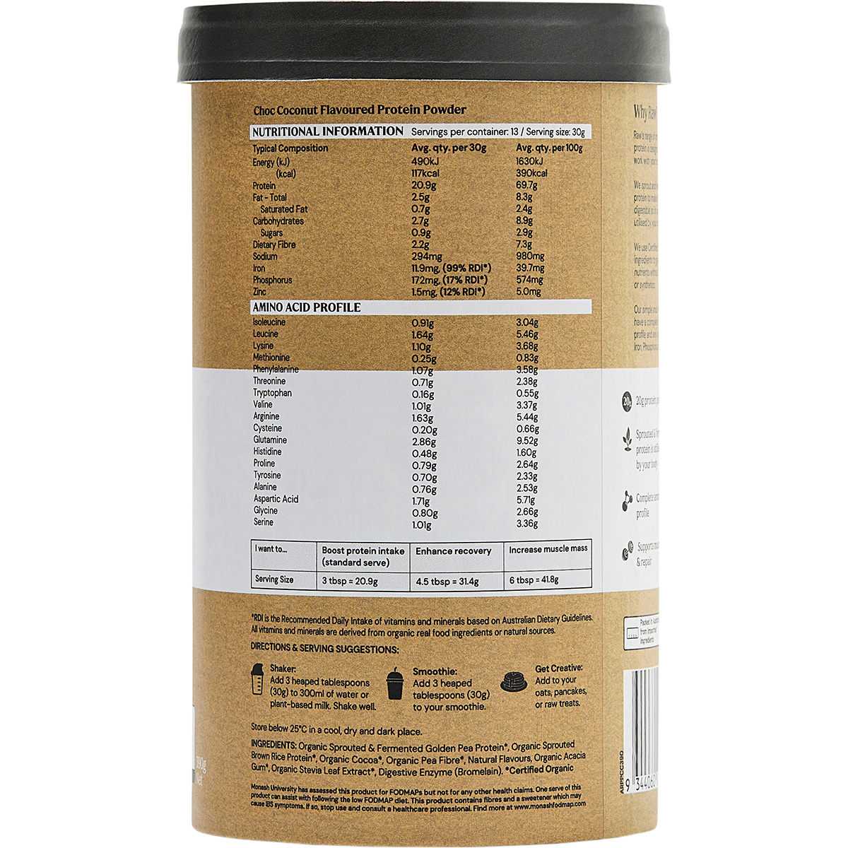 Amazonia Raw Protein Isolate Choc Coconut – 390g, nutrition information panel