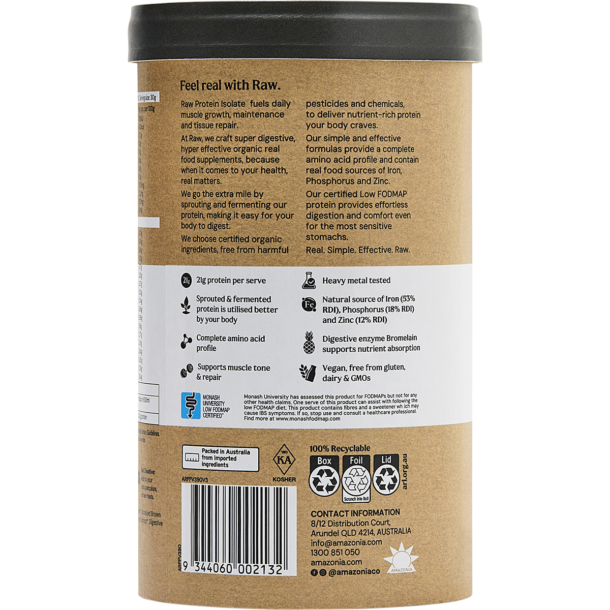 Amazonia Raw Protein Isolate Vanilla – 390g, back of pack