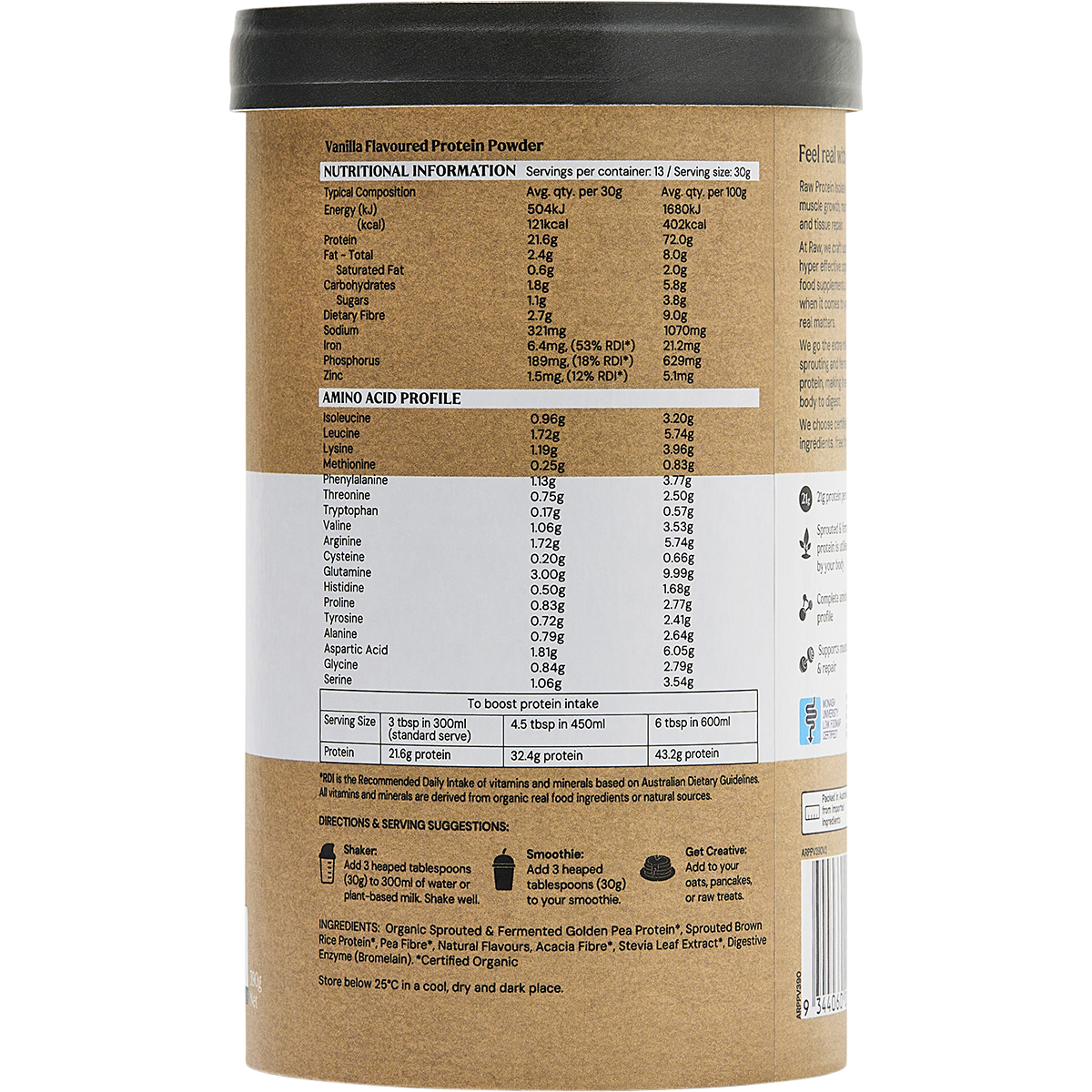 Amazonia Raw Protein Isolate Vanilla – 390g, nutrition information panel