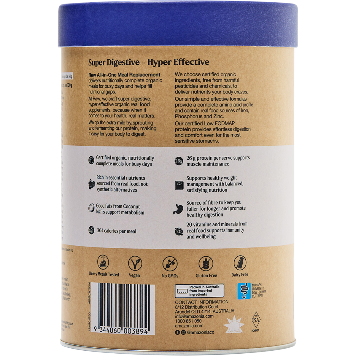 Amazonia Raw All-In-One Meal Replacement Decadent Chocolate – 750g, pack detail