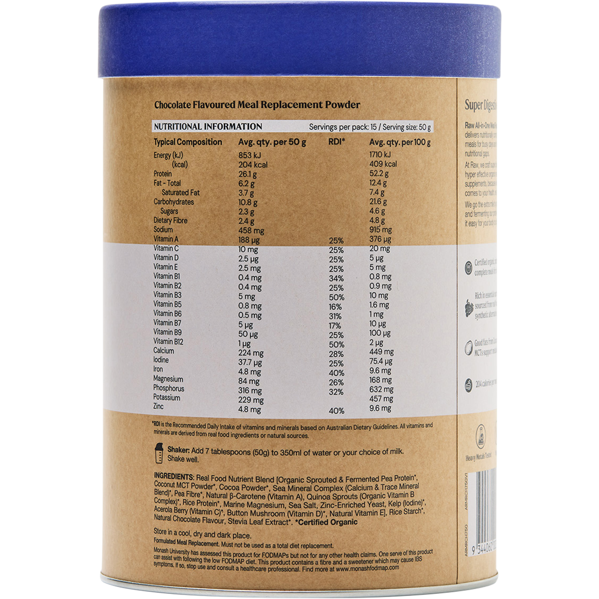 Amazonia Raw All-In-One Meal Replacement Decadent Chocolate – 750g, pack detail