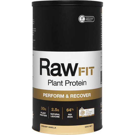 Amazonia RawFit Plant Protein Perform & Recover Creamy Vanilla – 500g, front of pack