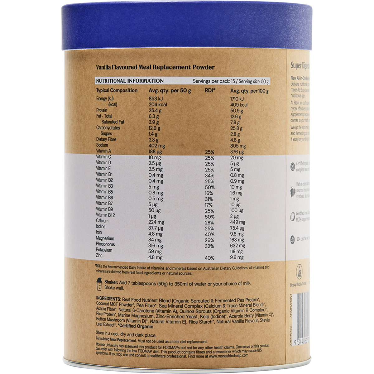 Amazonia Raw All-In-One Meal Replacement Vanilla Creme – 750g, pack detail