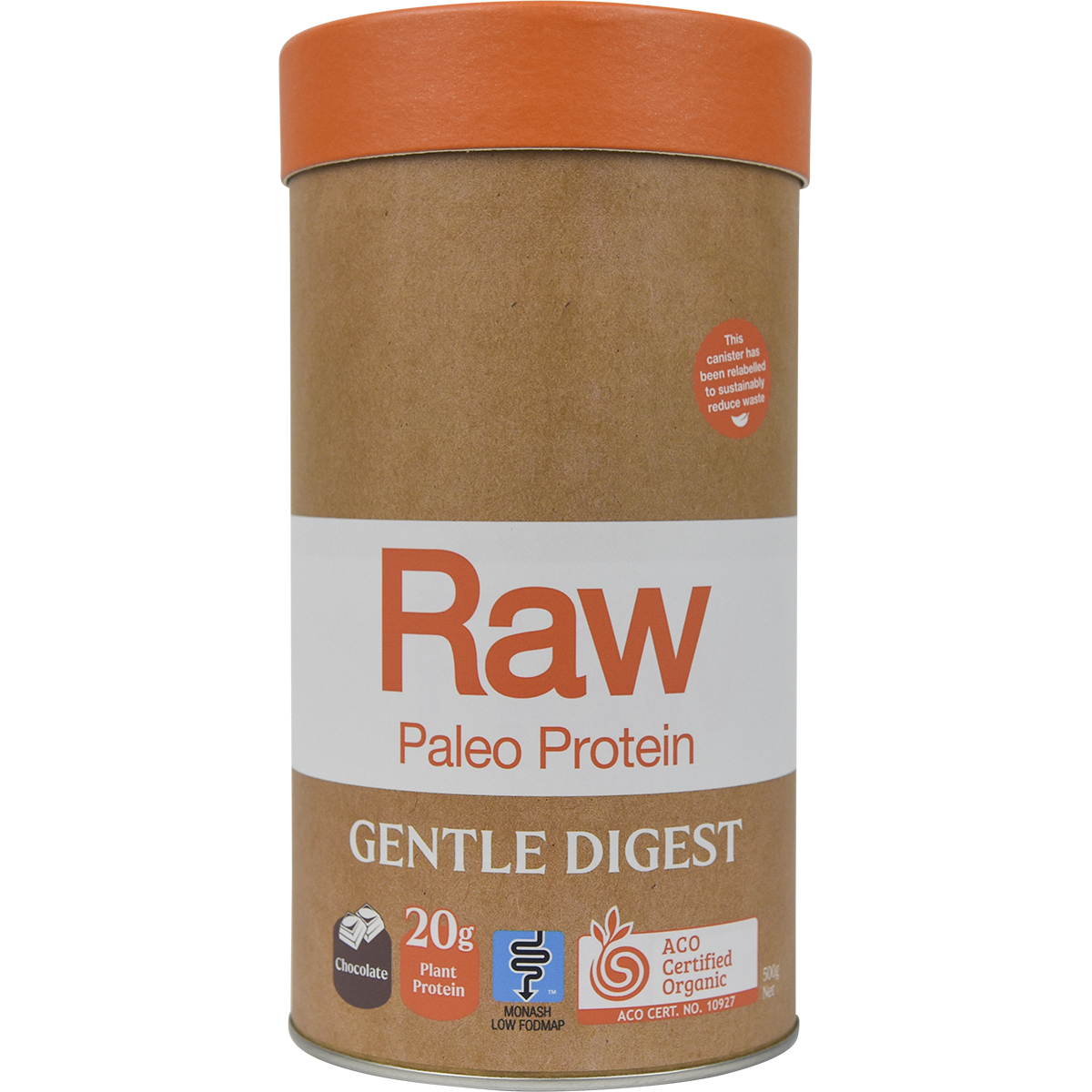 Amazonia Raw Gentle Digest Paleo Protein Chocolate – 500g, front of pack
