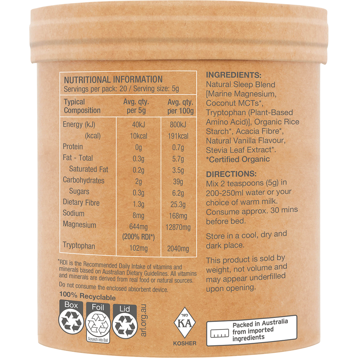 Amazonia Raw Sleep Magnesium Dreamy Vanilla – 100g, pack detail