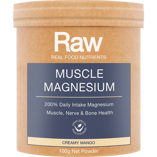 Amazonia Raw Muscle Magnesium Creamy Mango – 100g, front of pack