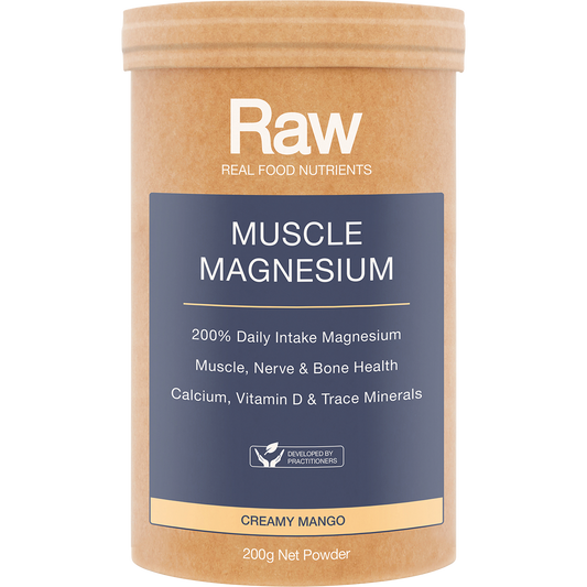 Amazonia Raw Muscle Magnesium Creamy Mango – 200g, front of pack