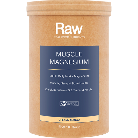 Amazonia Raw Muscle Magnesium Creamy Mango – 500g, front of pack