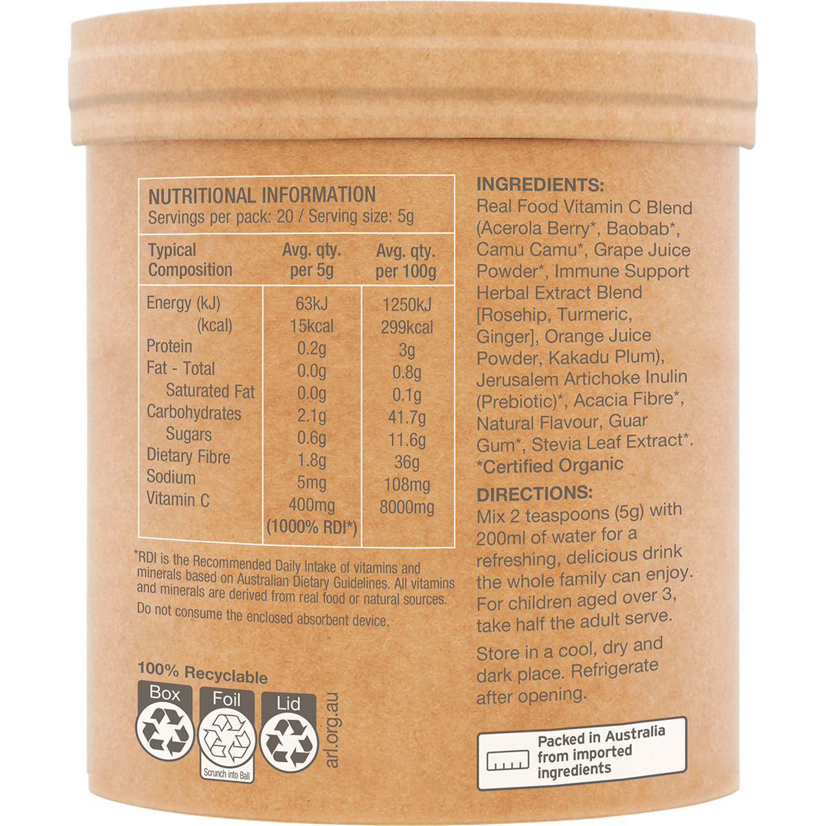 Amazonia Raw Organic Vitamin C Passionfruit – 100g, pack detail